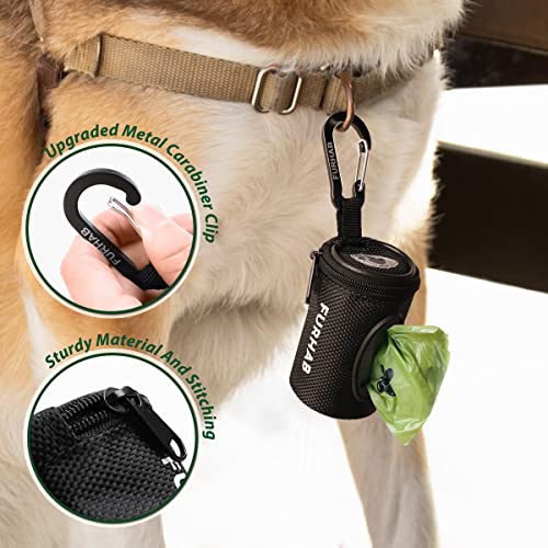 FURHAB Dog Poop Bag Holder for Leash Doggie Waste Bag Dispenser Soft Fabric Puppy Potty Carrier Small Doggy Zipper Pouch with Carabiner Clip with 1 Roll of Pet Trash Bags, Black - color: Black