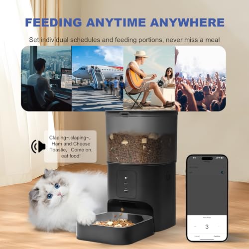 ANDOLL HOME 2.4G Automatic Cat Feeder, 4L WiFi Food Dispenser with 10s Voice Recorder, Pet Feeder up to 10 Meals per Day, Timed Cat Feeder with Dry Food Sealed Ring - color: Frosted Black
