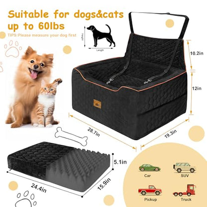 Dog Car Seat for Medium/Large Dogs, Washable Dog Booster Seat Under 60 lbs or 2 Small Dogs, Multi-Functional Pet Car Seat with Thick Cushion, 2 Safety Leashes (Black) - color: Black