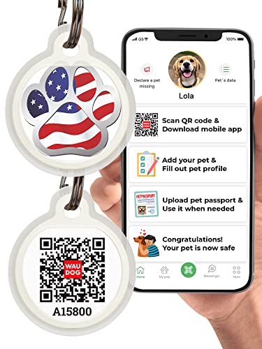Dog Tags for Pets - Silicone QR Code Pet ID Tags for Dogs & Cats - Silent Dog Name Tag and Cat Name Tag for Your Pet - Puppy Name Tag for Dog Collar - Dog Identification Tags (US Flag)
