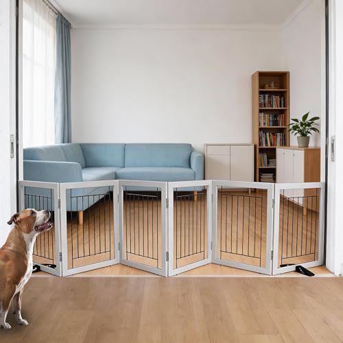 Dog Fence Indoor - 6-Panel Freestanding Dog Gate for Doorways, Hallways, House or Stairs -120x24-Inch Retractable Foldable Expandable Wood Pet by SFJC (Grey) - color: Gray, size: 【6 Panels】120''w X 24''h