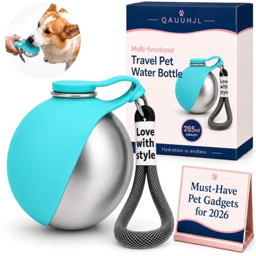 Dog Water Bottle 2-in-1 10oz Portable Pet Water Dispenser Leak Proof Stainless Steel Travel Bottle for Dogs Outdoor Walking Hiking Camping Bowl for Small Medium Dogs Easy Carry Lanyard (Blue) - color: Blue