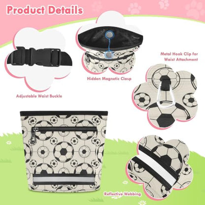 Soccer Water-Resistant Dog Treat Pouch, 3 Ways to Wear Treat Bag with Magnetic Closure & Reflective Strip, Hands-Free for Pet Training, Walking