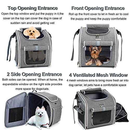 Dog Bike Basket, Expandable Soft-Sided Pet Carrier Backpack with 4 Open Doors, 4 Mesh Windows for Small Dog Cat Puppies - Grey - color: Grey-Fits 10-18 Lbs