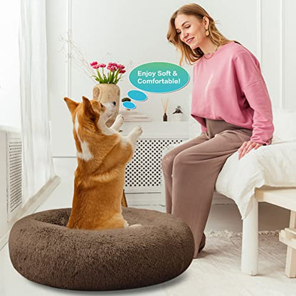 SAVFOX 23 inches Calming Donut Dog Bed - 3X Durable Plush Faux Fur, Machine Washable & Non-Slip, Fits up to 25 lbs, Brown - color: Brown, size: Small | 23"x23"