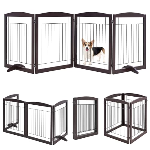 Yaheetech 32" Tall Freestanding Dog Gate, Extra Wide Pet Fence, Foldable Wire & Wooden Puppy Safety Barrier with Support Feet for House Doorway Stairs(Espresso,4 Panels)