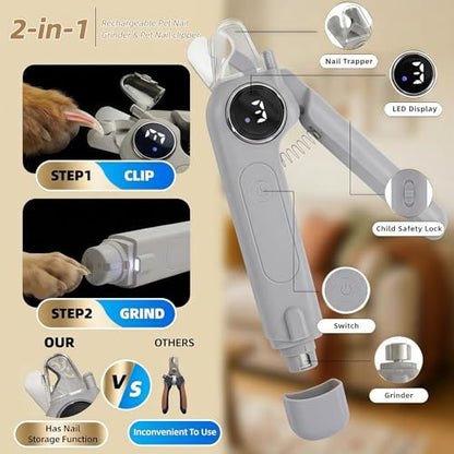 2-in-1 Cat Nail Clippers & Dog Nail Clippers with Light, Rechargeable Pet Nail Trimmer for Dogs & Cats, Quiet Electric Nail File with Safety Guard, Nail Catcher & 3 Speeds for Small Medium Large Pets - color: gray