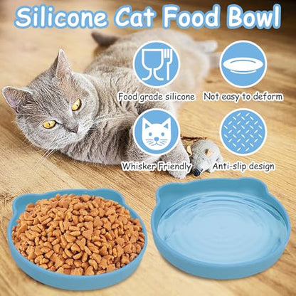 Silicone Cat Food Bowl Suction Cup Cat Dish 7" Shallow Cats Food & Water Bowls Set of 2 Non-Slip Kitty Plates Relief Whisker Fatigue Puppy Feeding Bowl for Dry & Wet Food (Blue) - color: Blue, size: L: 7 inches - with Suction Cup