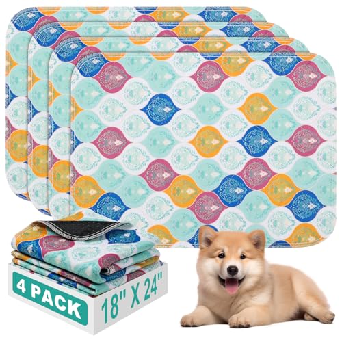 Washable Pee Pads for Dogs, Stylish Absorbent Reusable Training Dog Pads, Non-Slip and Leak-Proof Puppy Pads, Potty Pads for Crates, Whelping, Playpen, Bed and Floors, Bohemian Pattern 4 Pack 18" x24" - color: Colorful, size: 18" x 24" 4PACK