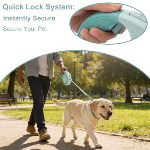 16Ft Retractable Dog Leash with LED Light, Pet Walking Leash Strong Nylon Tape to 110lbs 360° Tangle-Free One-Handed Brake, Pause, Lock - Olive Green
