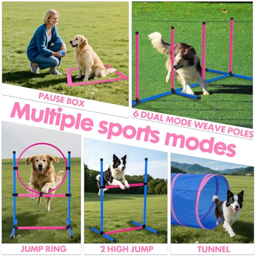 Dog Agility Course Backyard Set, Dog Agility Equipment, Pet obstacle Course Backyard with 6 Dual Mode Weave Poles, 2 Adjustable Hurdle, Jump Ring, Tunnel, Pause Box, Toy Balls and 2 Carrying Bags,Pink - size: Pink-15 PCS SET