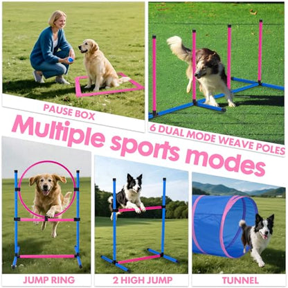 Dog Agility Course Backyard Set, Dog Agility Equipment, Pet obstacle Course Backyard with 6 Dual Mode Weave Poles, 2 Adjustable Hurdle, Jump Ring, Tunnel, Pause Box, Toy Balls and 2 Carrying Bags,Pink - size: Pink-15 PCS SET