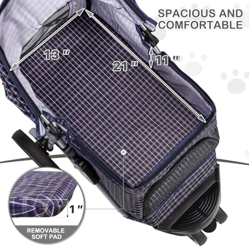 MoNiBloom 3 Wheels Pet Dog Cat Stroller for Small Medium Dogs Cats, Lightweight Foldable Jogger Stroller w/Storage Basket and Cup Holder, Plaid - color: Plaid