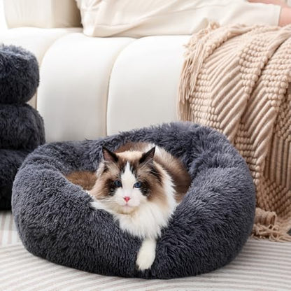 Donut Cat Bed Dog Bed Round Plush Pet Cushion Fluffy Rabbit Cave Pet Beds Warm Cozy Anti Anxiety Beds Dog Pillow for 5KG Large Pet - color: Dark Gray, size: 17inch