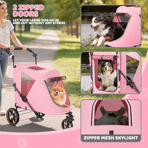Magshion Pet Stroller for Medium Dogs w/Adjustable Handle, 3-Wheel Dog Cat Wagon w/Dual Entry, Rear Storage, Breathable Mesh, One-Foot Brake, Ideal for Large Pets up to 55 lbs, Pink - color: Pink, style: Up to 55 lbs