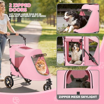 Magshion Pet Stroller for Medium Dogs w/Adjustable Handle, 3-Wheel Dog Cat Wagon w/Dual Entry, Rear Storage, Breathable Mesh, One-Foot Brake, Ideal for Large Pets up to 55 lbs, Pink - color: Pink, style: Up to 55 lbs