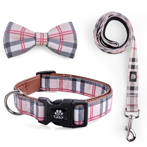 IVY&LANE Dog Collar with Bowtie and Leash Set | Plaid Adjustable Dog Collar | Detachable Bow Tie |5 FT Dog Leash | for Small Medium Large Dogs | Checkered Beige | Small - color: Checkered Beige, size: S