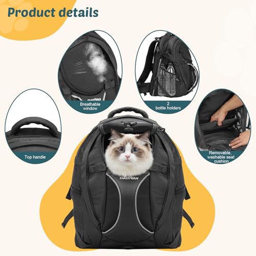 Dog Backpack Carrier for Hiking, Pet Travel Bag up to 18 lbs, 2-in-1 Foldable Cat Backpack with Laptop Compartment, Reinforced Ventilated 600D Nylon Rucksack for Walking Camping Commuting - color: Black