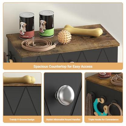 Pet Feeding Station with Storage, Raised Dog Bowls, Pet Feeder Cabinet, with Adjustable Shelves, Rolling Drawer, Hooks, for Feeding & Watering Supplies (Black) - color: Black