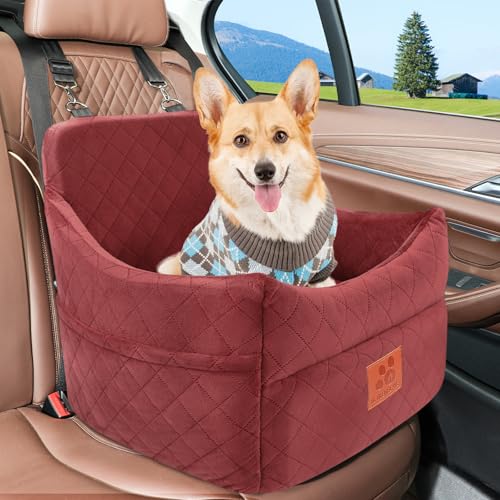 GL GLENSLAVE Dog Car Seat for Small/Medium Dogs, Dog Booster Car Seats with Thick Cushion for Dogs Under 35lbs, Detachable Washable Pet Carseat with Storage Pockets, 2 Safety Belts(Red) - color: Red