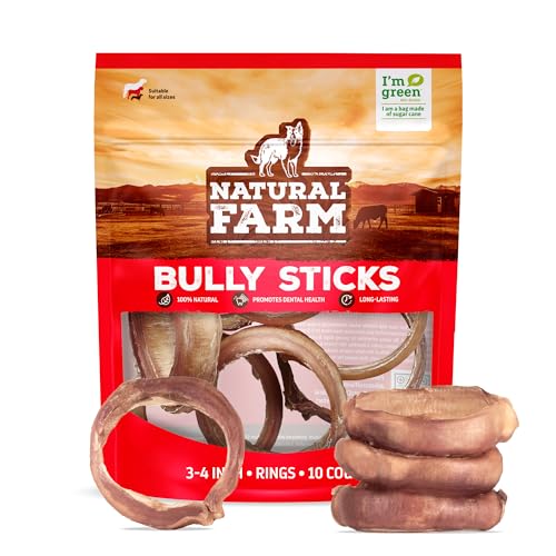 Natural Farm Odor Free Bully Sticks Ring Shaped (3-4 Inch, 10 Pack) - 100% Beef Chews for More Engagement & Fun, Grass-Fed, Non-GMO, Fully Digestible - Best for Small & Medium Chewers