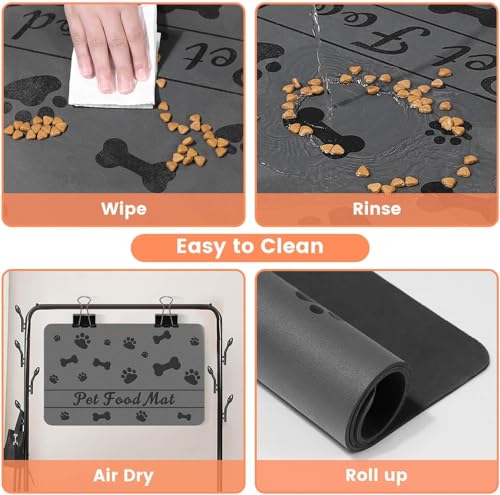 Personalized Dog & Cat Food Mat with Name | Waterproof PU Pet Bowl Mat | Non-Slip Rubber Bottom | Easy Clean | 3 Sizes (24"×16", 30"×20", 36"×24") Black Paw Prints - color: black bone and paw prints