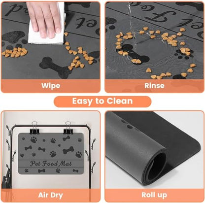 Personalized Dog & Cat Food Mat with Name | Waterproof PU Pet Bowl Mat | Non-Slip Rubber Bottom | Easy Clean | 3 Sizes (24"×16", 30"×20", 36"×24") Black Paw Prints - color: black bone and paw prints