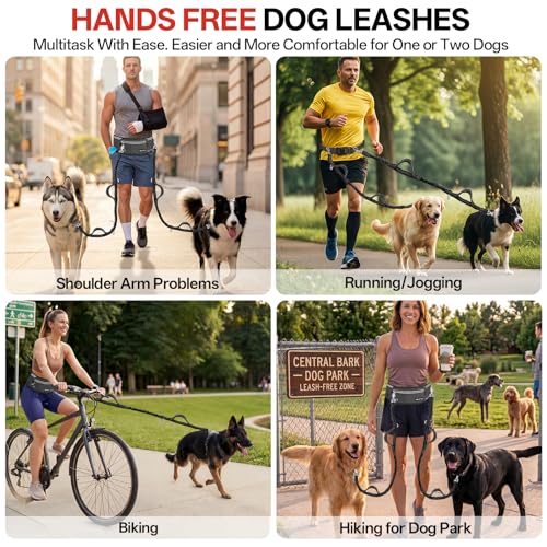 Hands Free Double Dog Leash for Two Dogs,240LB Heavy Duty Retractable with Partitioned Pouch Adjustable Waist for Walking Running Jogging Hiking Biking Training for Medium/Large(Not for＜25LBS)