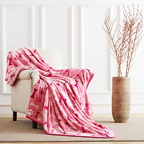 Allisandro Luxurious Dog Blanket, 350 GSM Super Fuzzy Microplush Fleece Pet Blankets for Small Medium Large Dogs and Cats, Pink Paw and Bone, 64" x 40" - color: Pink Paw and Bone, size: 64" x 40"