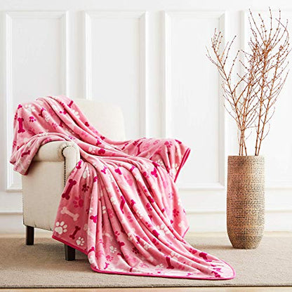 Allisandro Luxurious Dog Blanket, 350 GSM Super Fuzzy Microplush Fleece Pet Blankets for Small Medium Large Dogs and Cats, Pink Paw and Bone, 40" x 32" - color: Pink Paw and Bone, size: 40" x 32"