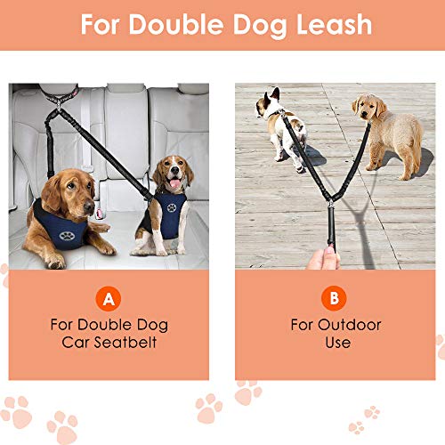 AUTOWT Double Dog Seat Belt, New Dual Pet Car Headrest Restraint Safety Seatbelt No Tangle Dog Leash Duty Adjust Elastic Bungee Puppy Lead Splitter Connect Harness in Vehicle Travel for 2 Dogs