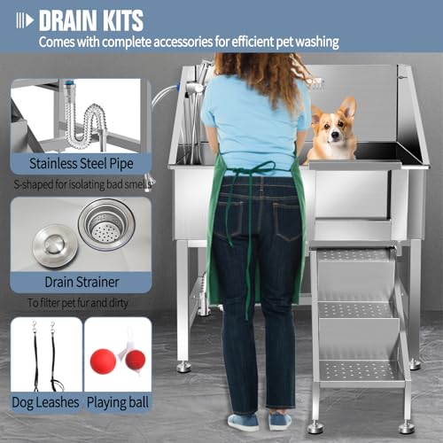 38" Dog Bathing Station, Professional Dog Washing Station Stainless Steel Dog Grooming Tub for Home,Equipped with Three Anti-Slip Steps, Removable Door, Pet Wash Station for Pet,R-RAMP - color: R-RAMP