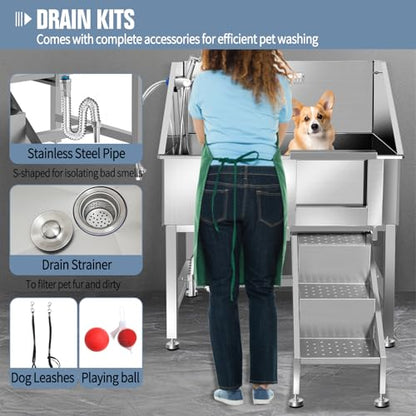38" Dog Bathing Station, Professional Dog Washing Station Stainless Steel Dog Grooming Tub for Home,Equipped with Three Anti-Slip Steps, Removable Door, Pet Wash Station for Pet,R-RAMP - color: R-RAMP