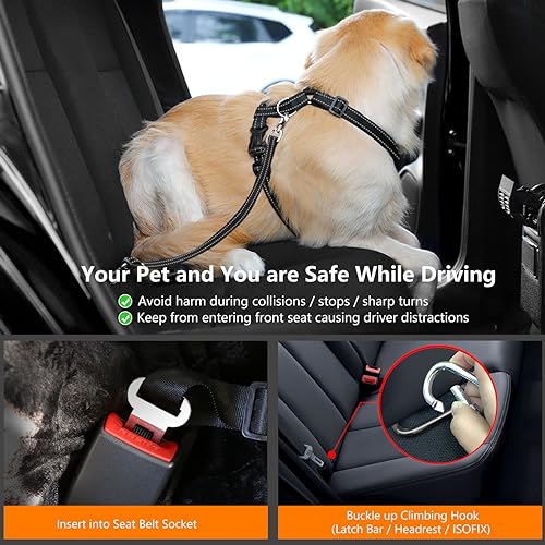 VavoPaw Dog Car Belt, Dog Harness Reflective Strip & Adjustable Buckle, Dogs Car Leash Seat Belts, Dogs Seats Belt Soft Padded & Breathable Mesh, Safety Pet Seat Belts Cars Tether, XL, Carbon Black - color: Carbon Black, size: XL (Chest: 24.4-34.7", Neck: