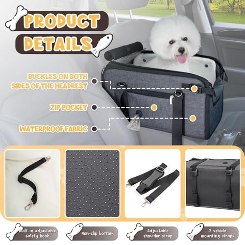 YUDODO 10-18lbs Large Console Dog Car Seat (Width＞9.5in) Fits Truck & SUV, Luxury Puppy Cat Travel Portable Booster Seat with Removable Velvet Cushion, Anti-Slip Pet Car Bed Carseat PU Leather Gray - color: Gray with Cushion, size: L (Truck SUV) (10-18lbs
