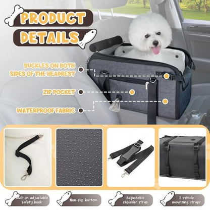 YUDODO 10-18lbs Large Console Dog Car Seat (Width＞9.5in) Fits Truck & SUV, Luxury Puppy Cat Travel Portable Booster Seat with Removable Velvet Cushion, Anti-Slip Pet Car Bed Carseat PU Leather Gray - color: Gray with Cushion, size: L (Truck SUV) (10-18lbs