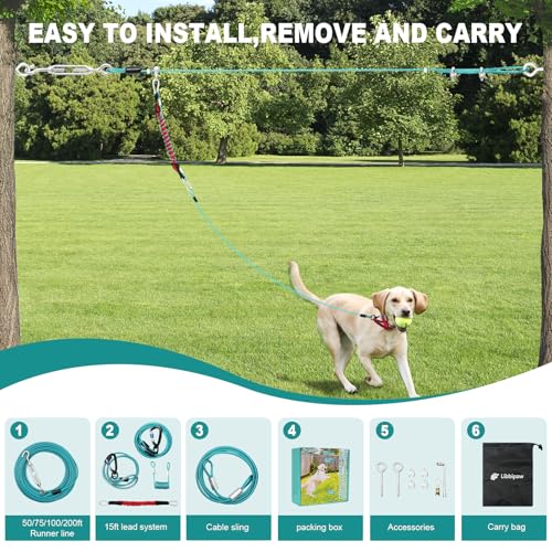 Dog Runner for Yard - 75ft Aerial Dog Run Cable System with Shock Absorbing Bungee Tether, Chew Proof Steel Cable & Tangle Free Pulley for Large Dogs, Backyard Zip Line for Dogs - size: 75FT