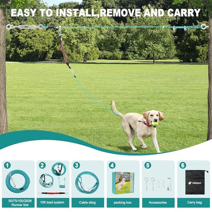 Dog Runner for Yard - 100ft Aerial Dog Run Cable System with Shock Absorbing Bungee Tether, Chew Proof Steel Cable & Tangle Free Pulley for Large Dogs, Backyard Zip Line for Dogs - size: 100FT