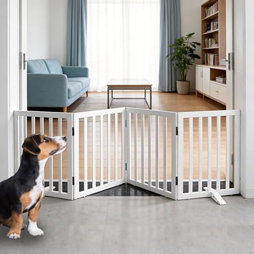 ZJSF Freestanding Indoor Dog Gate for House Foldable Wood White Puppy Gate for Doorways Pet Gate for Stairs Extra Wide Pet Fence 24" Height 4 Panels - color: White, size: 【4 Panels】80''w x 24''h