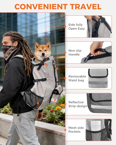 Waterproof Dog Backpack Carrier for Medium Dogs Under 30 lb, Grey | 4-Layer Protection, Adjustable Dog Hiking Backpack with Storage Pockets, Reflective Strips, Non-Slip Handle for Travel - size: 13.3"L x 9.4"W x 24.4"H