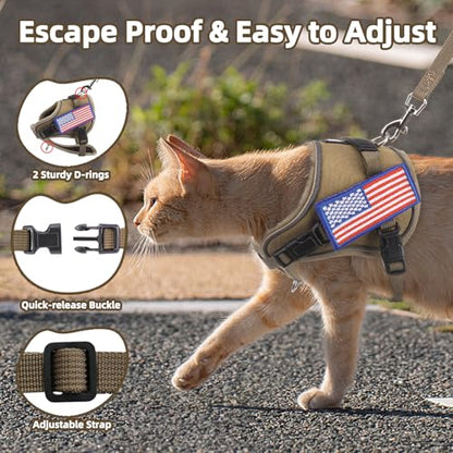 PUPTECK Tactical Cat Harness and Leash Set Escape Proof, Adjustable Reflective Kitten Jacket Easy Control, Pet Vest Harness for Cats Small Dogs Puppies Walking and Travel - color: Khaki, size: Small