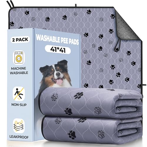 Fostanfly Washable Dog Pee Pads for Dogs, 2-Pack 41"x41" Large Reusable Potty Training Pads, Ultra-Absorbent, Leak-Proof & Non-Slip, with 8 Lanyards for Playpen, Crates & Furniture, Gray - color: Gray, size: 41*41 Inch (Pack of 2)