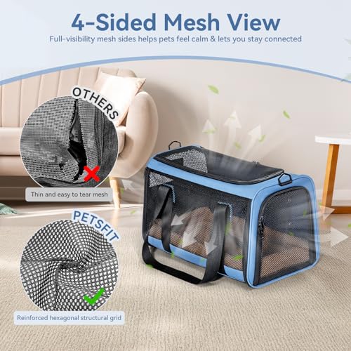 PETSFIT Soft-Sided Cat Carrier with Patented Safety Buckles, Lockable Zippers & Safety Tether,Escape-Resistant Travel Pet Carrier for Car Rides & Vet Visits, Airline Approved Under-Seat, Up to 12 lbs - color: Blue, size: 18.0"L x 11.0"W x 11.0"H