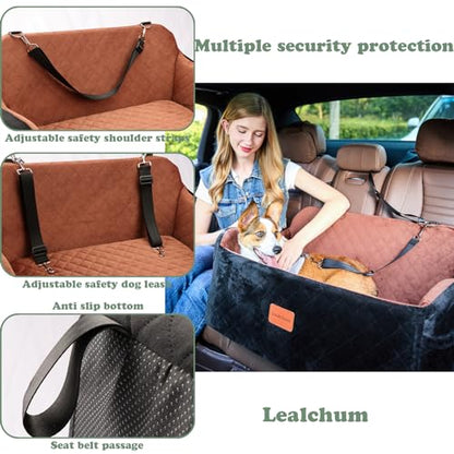 Lealchum Dog Car Seat for Medium/Large Dogs,2 Clip-On Safety Leashs for 2 Small Dogs,Removable and Washable Comfy Pet Car Seat,Easy to Install and Clean (Beige, Large) - color: Beige