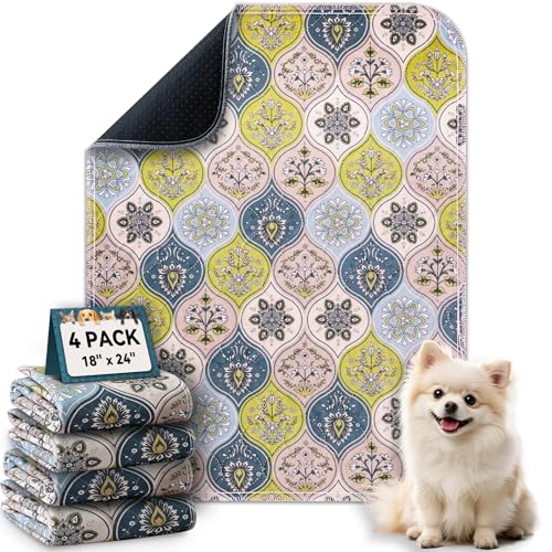 Washable Pee Pads for Dogs, Stylish Absorbent Reusable Training Dog Pads, Non-Slip and Leak-Proof Puppy Pads, Potty Pads for Crates, Whelping, Playpen, Bed and Floors, Cream/Multi 4 Pack 18" x24" - color: Cream/Multi, size: 18" x 24" 4PACK