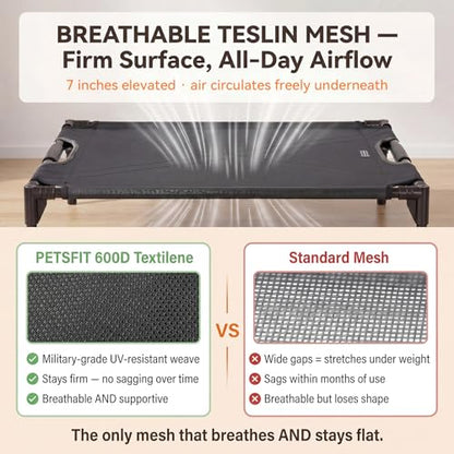 Petsfit Elevated Dog Bed for Large Dogs – Patented Anti-Sag Tension Bar, Cooling Raised Dog Cot for Outdoor/Camping/Indoor, Teslin Mesh, Non-Slip Frame, 42" - size: M-42"