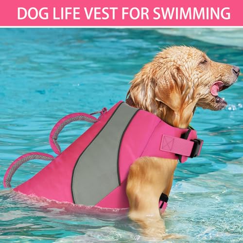 Doglay Dog Life Vest, Dog Life Jacket with Double Rescue Handles and Reflective Stripes, Adjustable High Visibility Swimming Safety Vest, Pet Life Preserver Lifesaver for Small Medium Large Dogs - color: Pink+Gray, size: L :19.7"-29.5" (Ribcage Girth)- Do