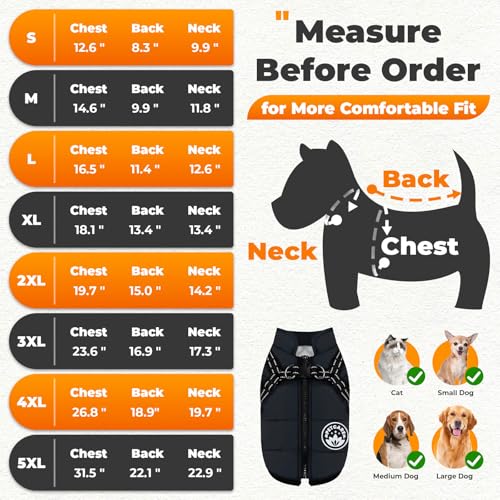 PETCARE Winter Dog Coat with Harness Built in Waterproof Dog Jackets Warm Pet Fleece Vest Windproof Snow Jacket Snowsuit Reflective Dogs Cold Weather Coats for Puppy Small Medium Large Dogs Cats - color: Black, size: 5XL(Chest 31.5" Suggest 45-70 lbs)