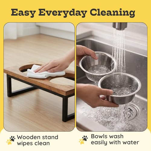 Elevated Dog Bowls, 4” Small Dogs & Cats Raised Bowl Mango Wood Stand, Food & Water 2 Stainless Steel Dishes Each 16oz/2Cup Capacity, Non-Slip Pet Feeder Station in Brown for Toy Breeds - size: 4 Inches / 16oz 2 Bowl