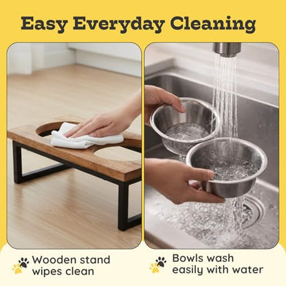Elevated Dog Bowls, 4” Small Dogs & Cats Raised Bowl Mango Wood Stand, Food & Water 2 Stainless Steel Dishes Each 16oz/2Cup Capacity, Non-Slip Pet Feeder Station in Brown for Toy Breeds - size: 4 Inches / 16oz 2 Bowl